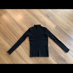 Black ruffle neck fitted ribbed sweater